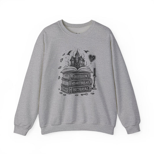 Obsession Heartbreak Betrayal, Books And a Castle Illustration  sport grey dark romance sweatshirt – cozy Gildan 18000 crewneck made for readers who fall for villains, crave danger, and love twisted love stories.