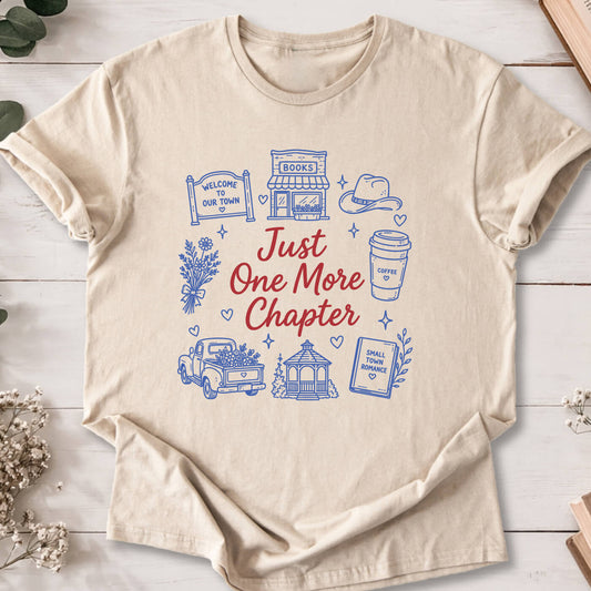 Just One More Chapter small town romance doodle t-shirt on sand Gildan 64000 with cozy romance icons.