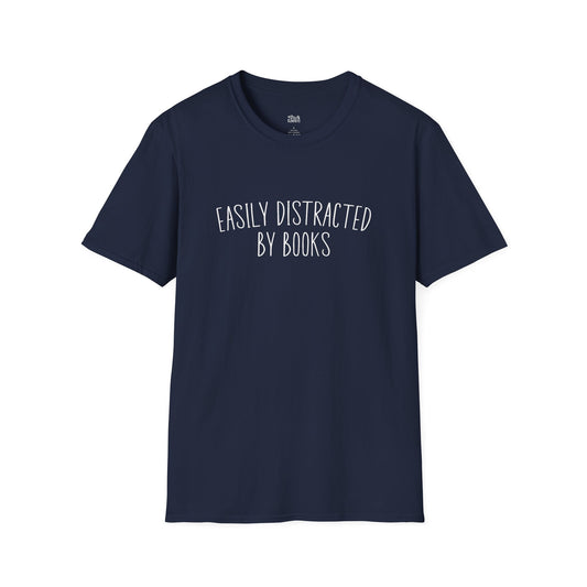 Easily Distracted By Books navy bookish t-shirt – cozy Gildan 64000 tee made for readers who live between chapters and adore bookish vibes.