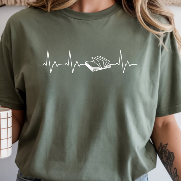 Heartbeat With an Open Book moss book lover t-shirt
