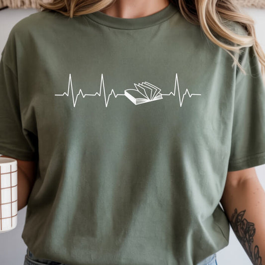Heartbeat With an Open Book moss book lover t-shirt