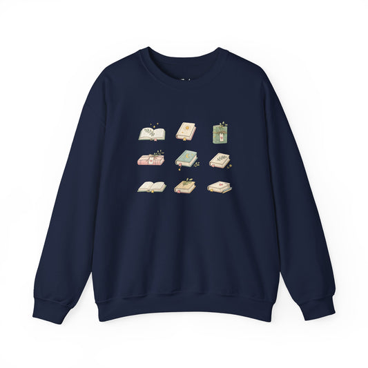 Cozy Books Aesthetic navy bookish sweatshirt – cozy Gildan 18000 crewneck for readers who live between chapters and adore bookish vibes.