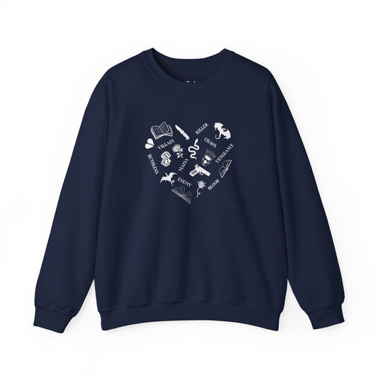 Heart Shape Made From Dark Romance Symbols navy dark romance sweatshirt – cozy Gildan 18000 crewneck made for readers who fall for villains, crave danger, and love twisted love stories.