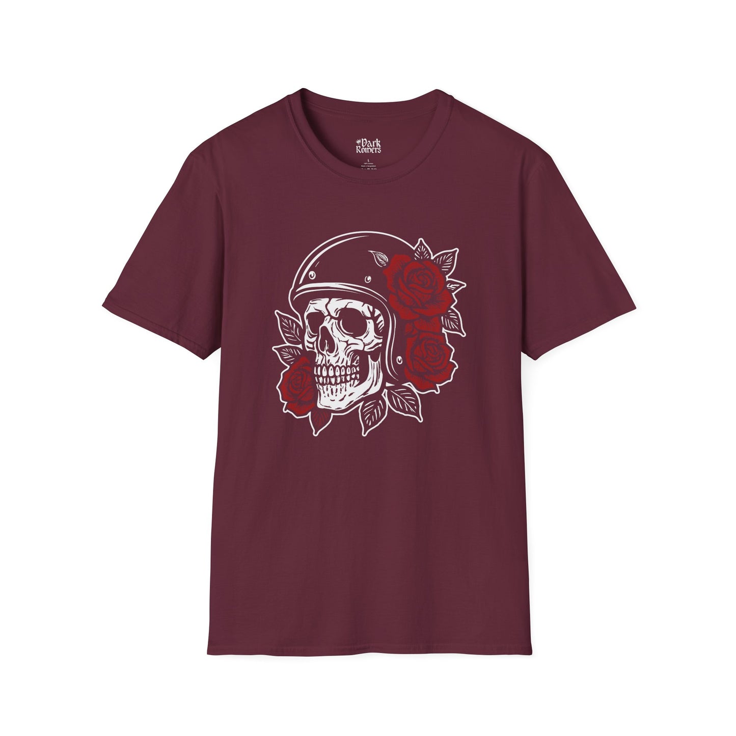 Gothic Skull with Vintage Helmet & Crimson Roses T-Shirt