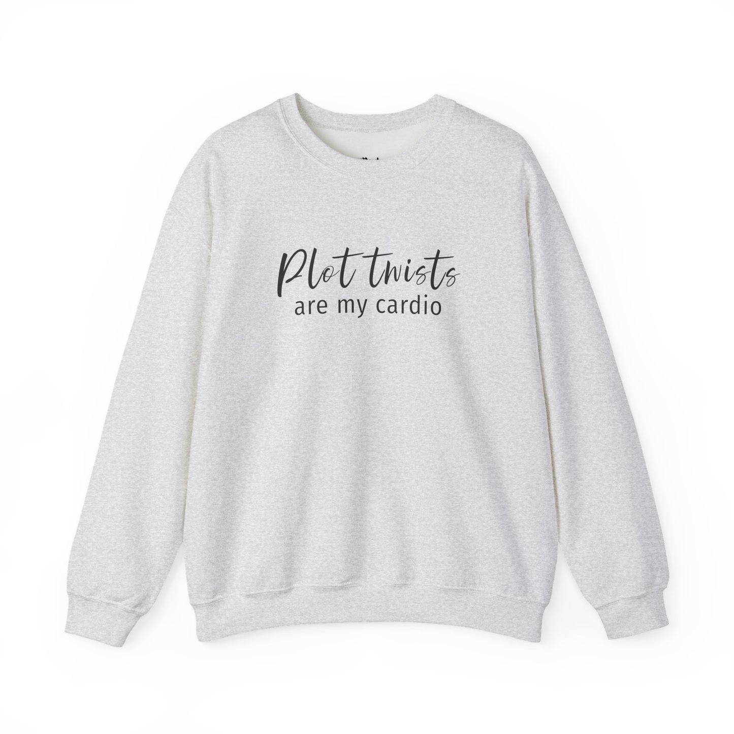 Plot Twists Are My Cardio light grey/ash bookish sweatshirt – cozy Gildan 18000 crewneck for readers who live between chapters and adore bookish vibes.