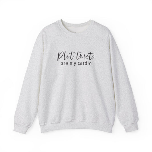 Plot Twists Are My Cardio light grey/ash bookish sweatshirt – cozy Gildan 18000 crewneck for readers who live between chapters and adore bookish vibes.