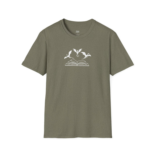Fantasy Dragons Flying Out of an Open Book heather military green fantasy reader t-shirt