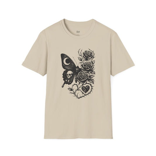 Skull, Moth, Roses, Thorny Vines, and a Heart T-Shirt
