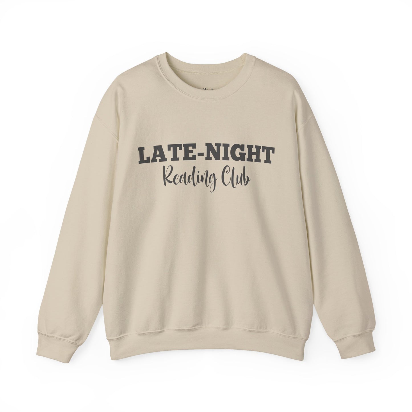 Late-Night Reading Club sand bookish sweatshirt – cozy Gildan 18000 crewneck for readers who live between chapters and adore bookish vibes.