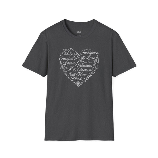 Heart Made of Dark Romance Tropes dark heather dark romance t-shirt for readers