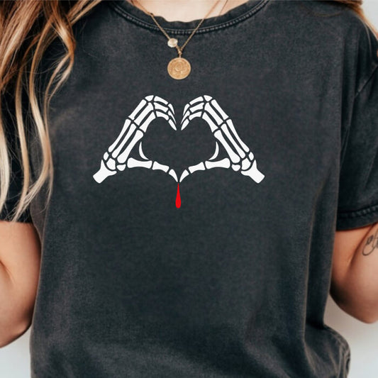 Skeleton Hands Forming a Heart With a Drop of Blood pepper dark romance t-shirt for readers