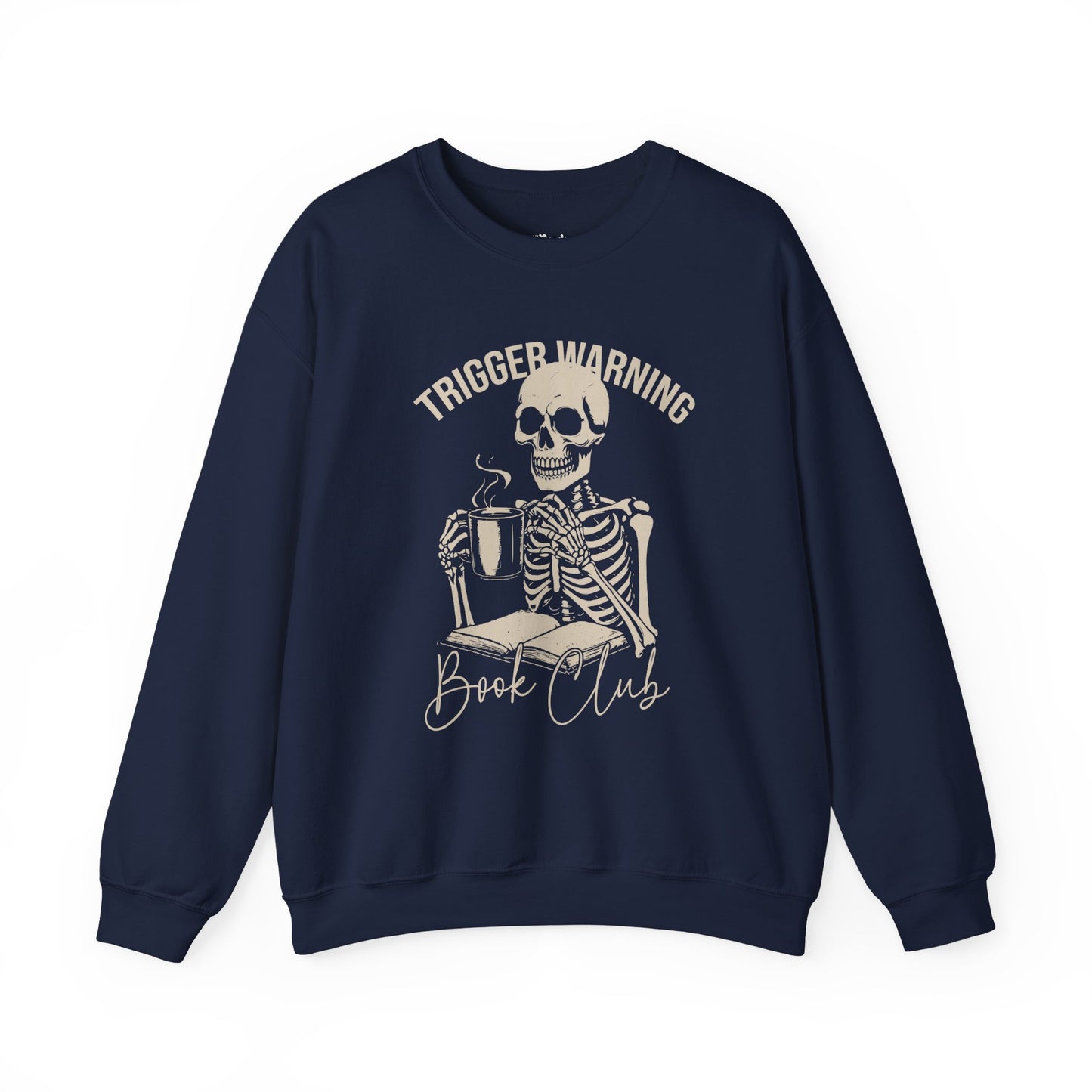 Trigger Warning Book Club navy dark romance sweatshirt – cozy Gildan 18000 crewneck made for readers who fall for villains, crave danger, and love twisted love stories.