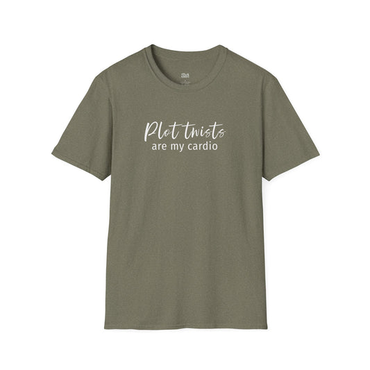 Plot Twists Are My Cardio heather military green book lover t-shirt