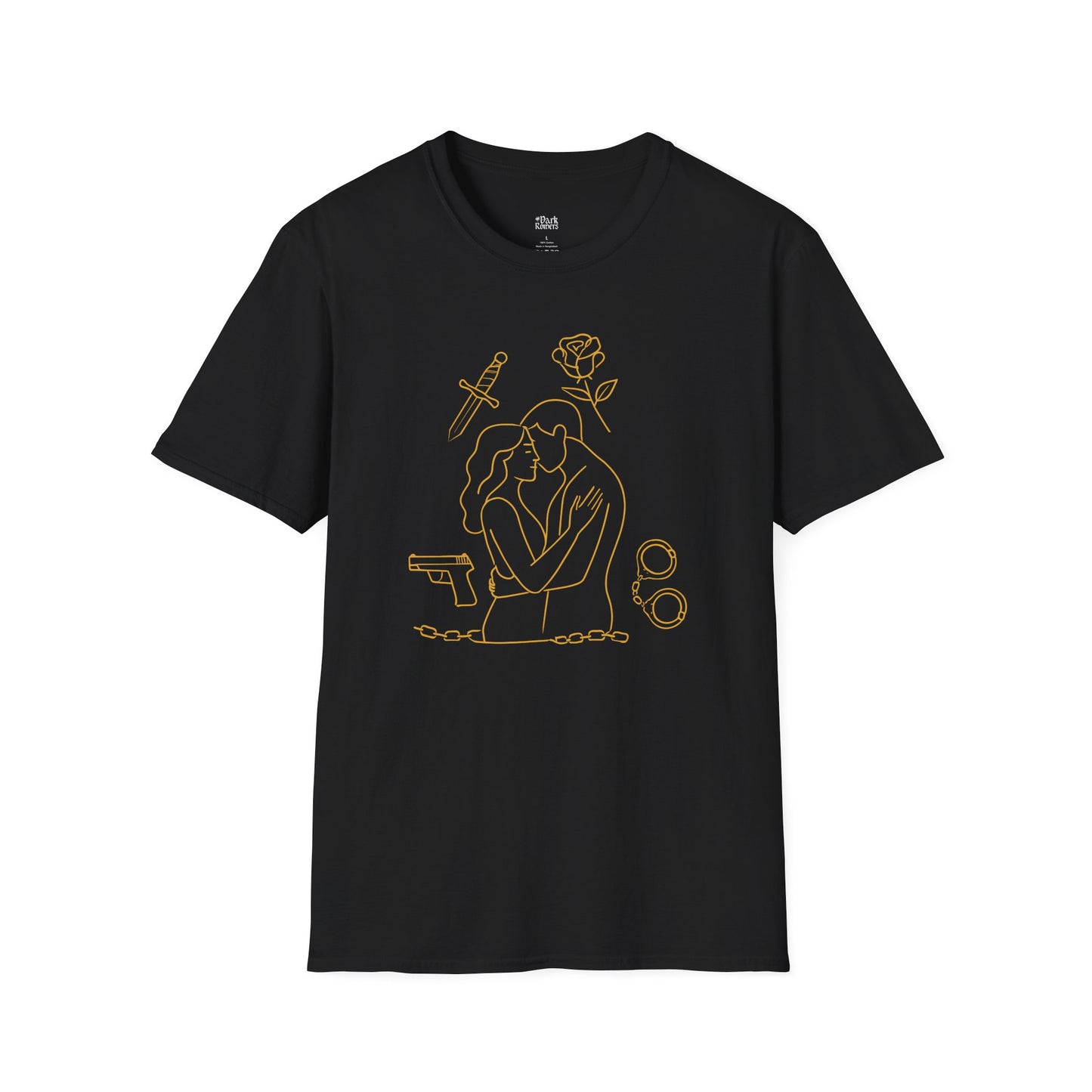 Romantic Couple with Rose, Gun, Sword, and Handcuffs black dark romance t-shirt for readers