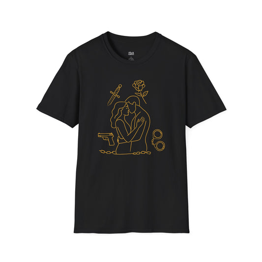 Romantic Couple with Rose, Gun, Sword, and Handcuffs black dark romance t-shirt for readers
