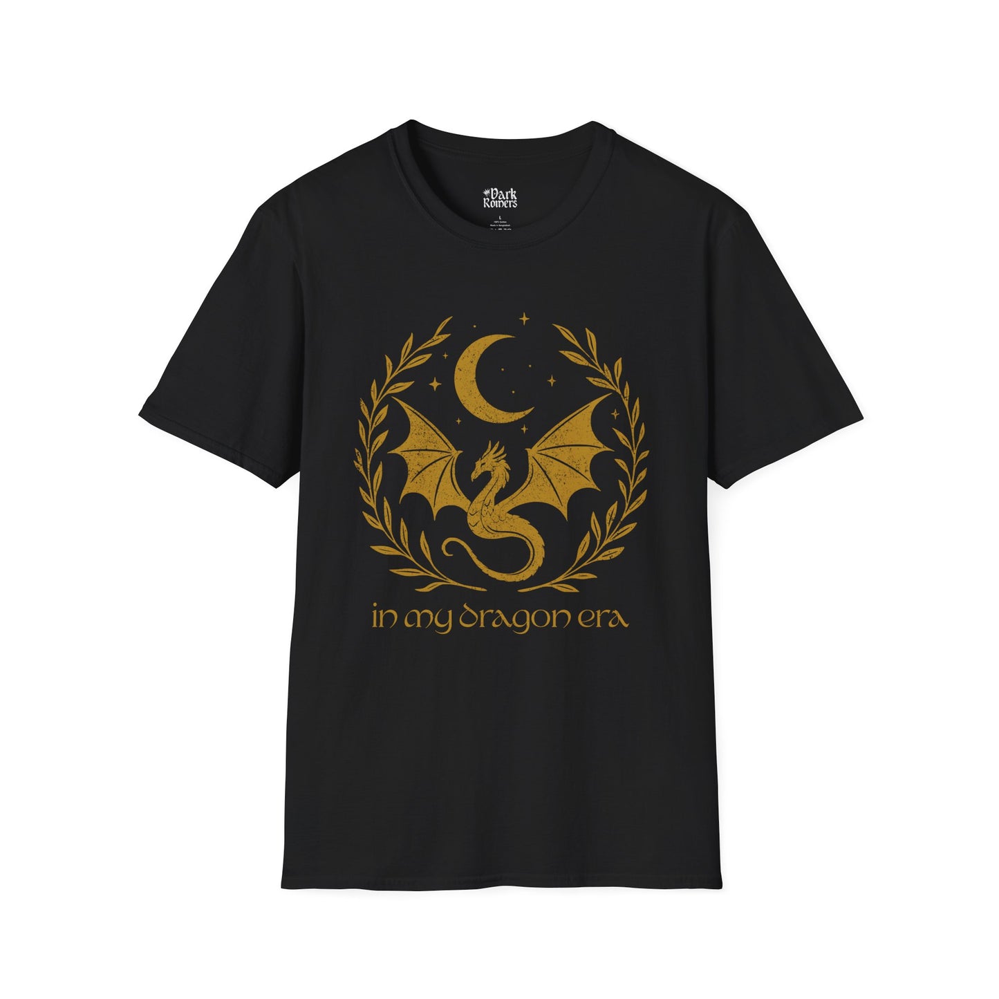 In my dragon Era black romantasy t-shirt – magical Gildan 64000 tee inspired by fae realms, dragons, and fantasy lovers.