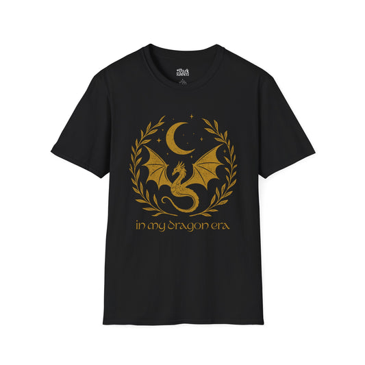 In my dragon Era black romantasy t-shirt – magical Gildan 64000 tee inspired by fae realms, dragons, and fantasy lovers.