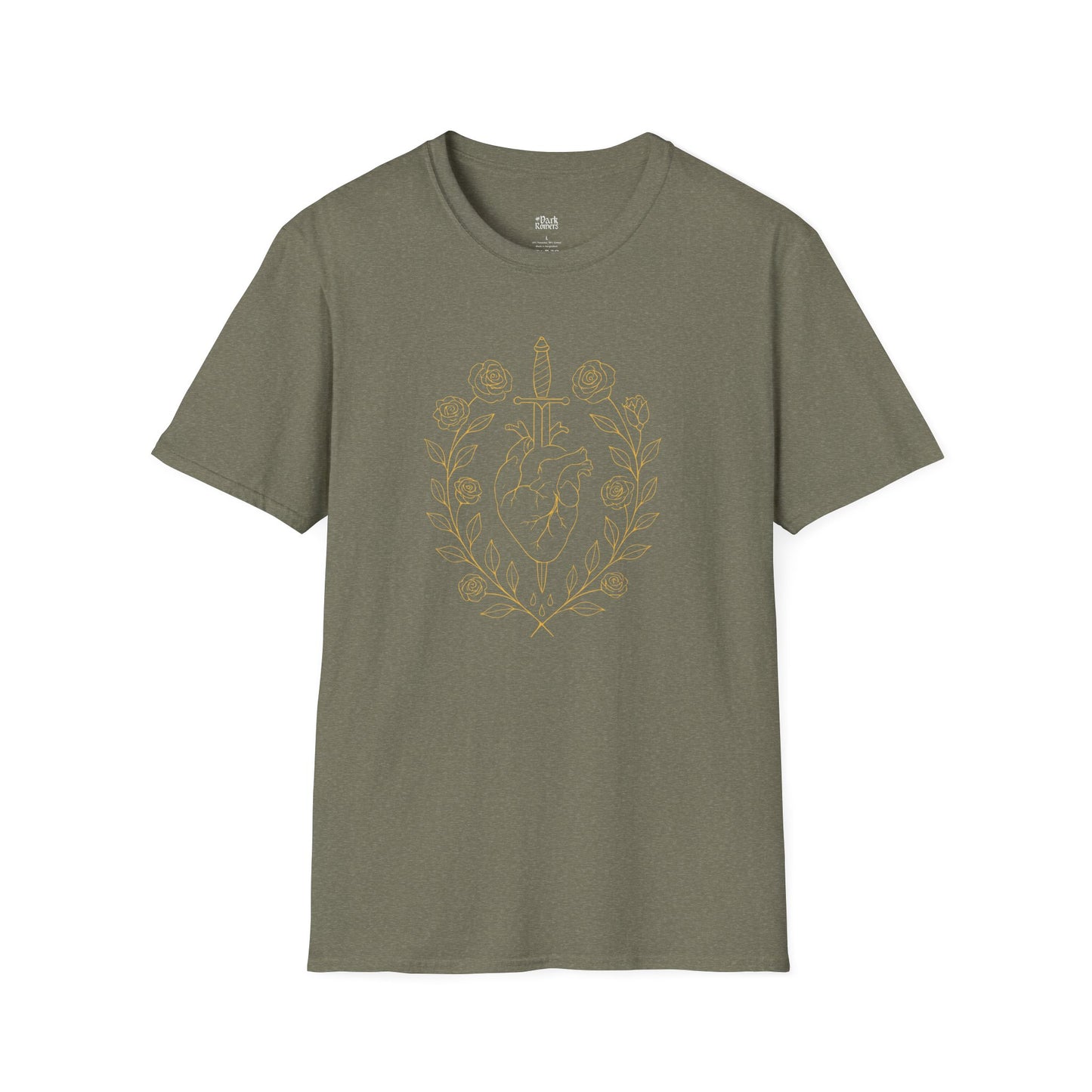 A Heart Pierced by a Dagger with Ornaments of Branches with Leaves and Roses T-Shirt