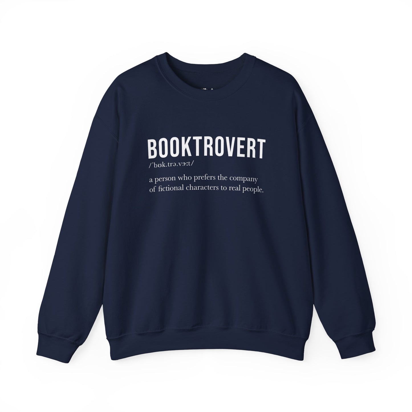 Booktrovert Definition navy bookish sweatshirt – cozy Gildan 18000 crewneck for readers who live between chapters and adore bookish vibes.