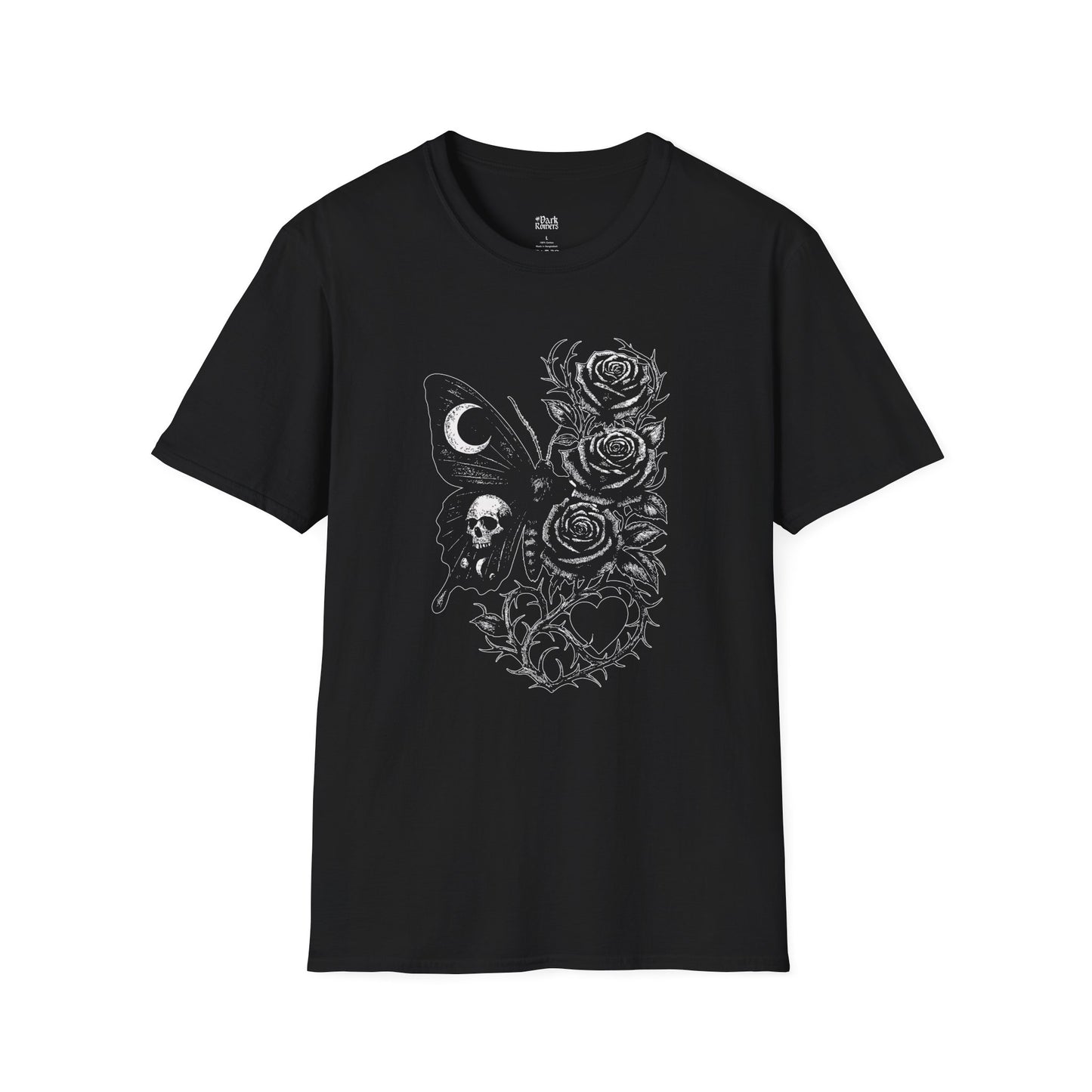Skull, Moth, Roses, Thorny Vines, and a Heart T-Shirt