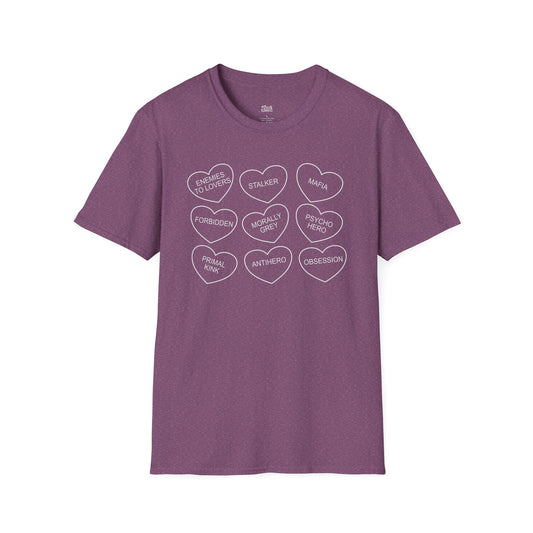 Hearts with Dark Romance Tropes heather maroon dark romance t-shirt for readers
