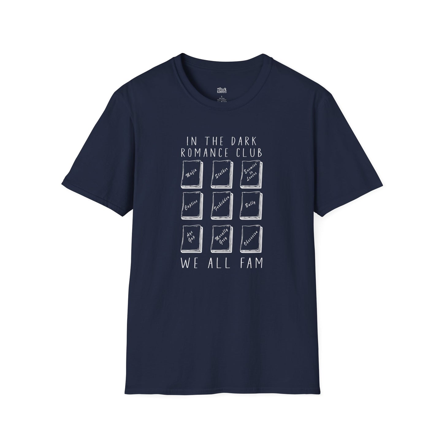 In the Dark Romance Club We All Fam navy dark romance t-shirt for readers
