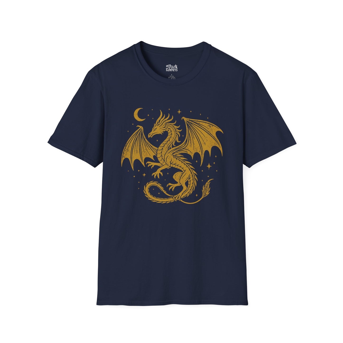 Celestial Dragon navy romantasy t-shirt – magical Gildan 64000 tee inspired by fae realms, dragons, and fantasy lovers.
