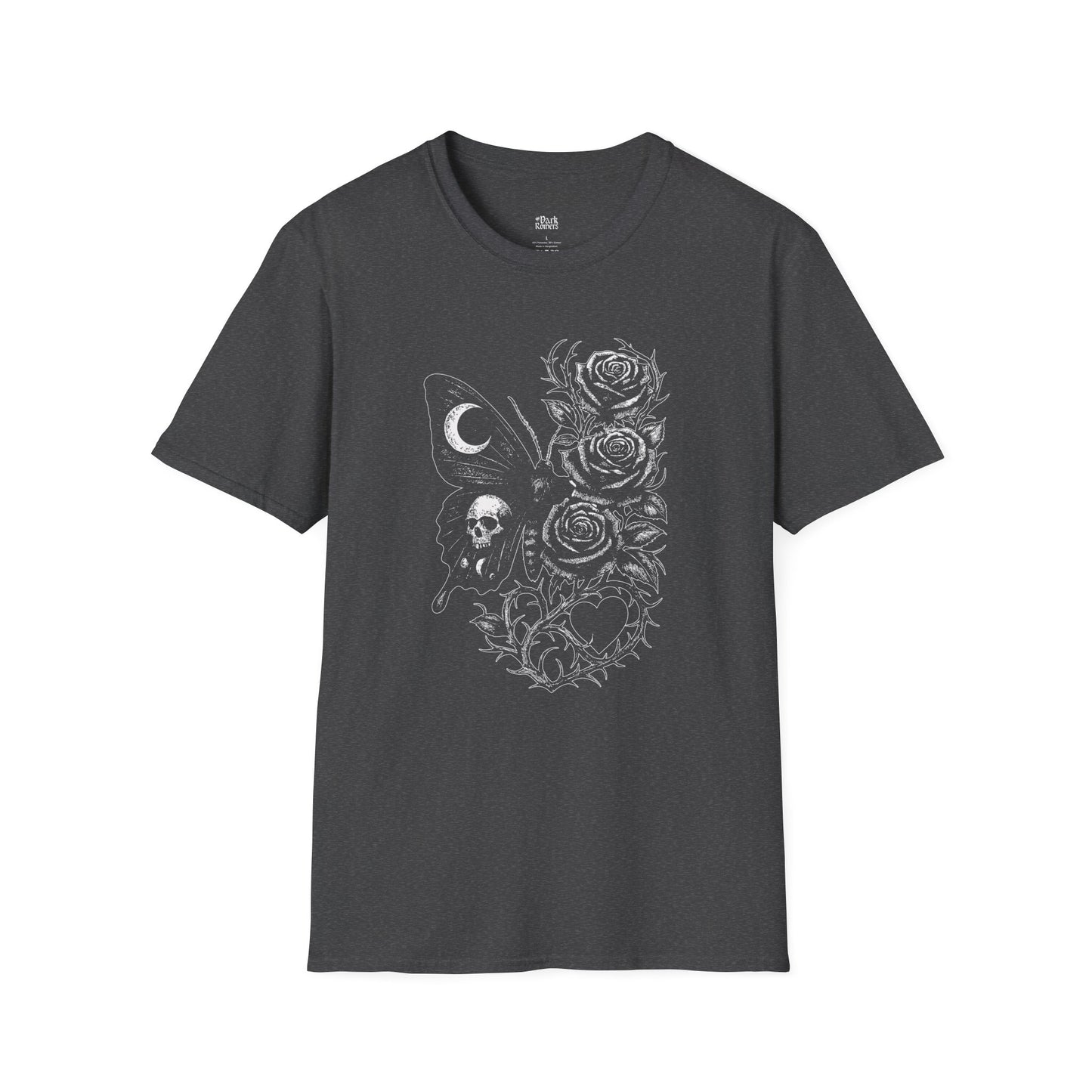 Skull, Moth, Roses, Thorny Vines, and a Heart T-Shirt
