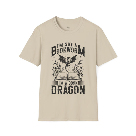 I’m Not a Bookworm, I’m a Book Dragon sand romantasy t-shirt – magical Gildan 64000 tee inspired by fae realms, dragons, and fantasy lovers.