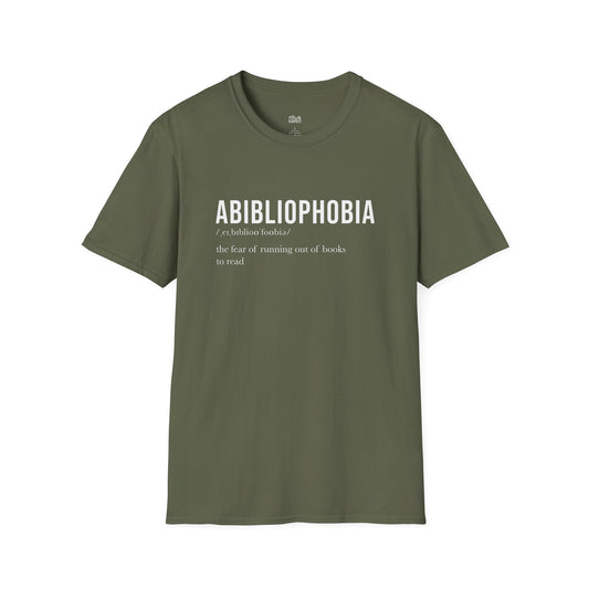 Abibliophobia Definition military green bookish t-shirt – cozy Gildan 64000 tee made for readers who live between chapters and adore bookish vibes.