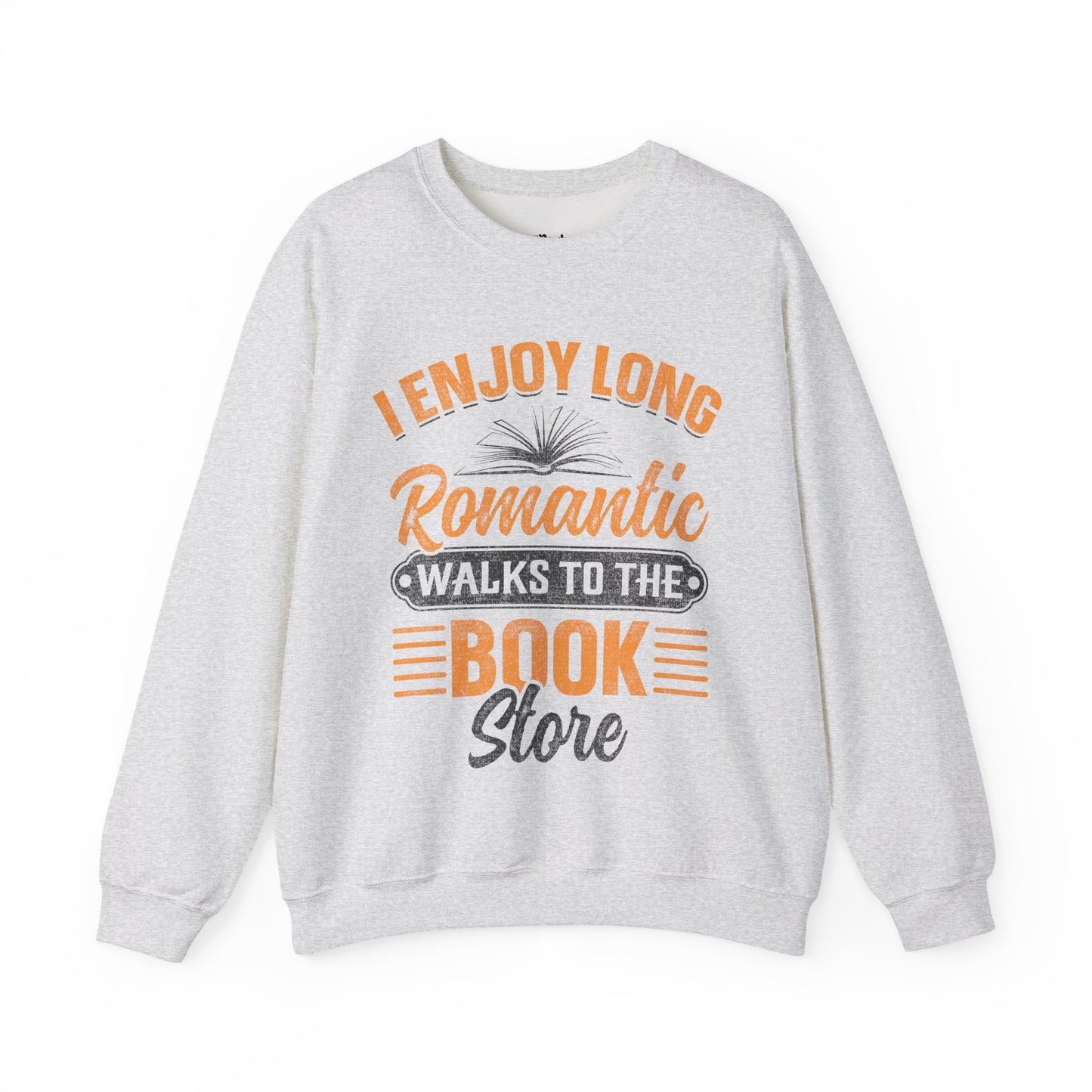 I Enjoy Romantic Walks To The Book Store light grey/ash bookish sweatshirt – cozy Gildan 18000 crewneck for readers who live between chapters and adore bookish vibes.