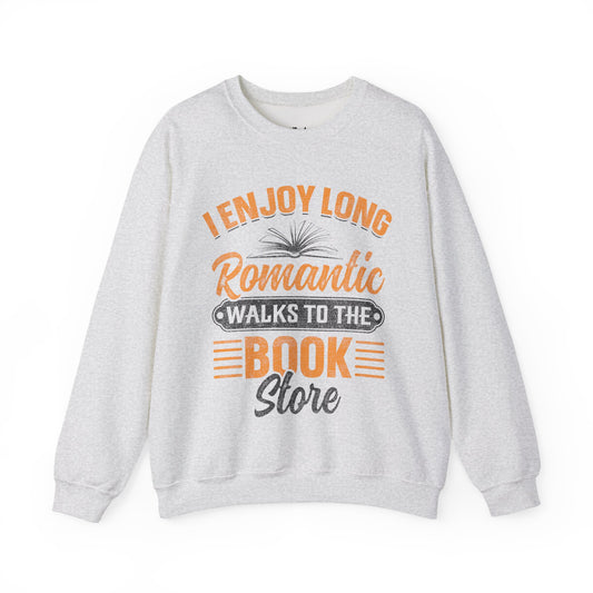 I Enjoy Romantic Walks To The Book Store light grey/ash bookish sweatshirt – cozy Gildan 18000 crewneck for readers who live between chapters and adore bookish vibes.