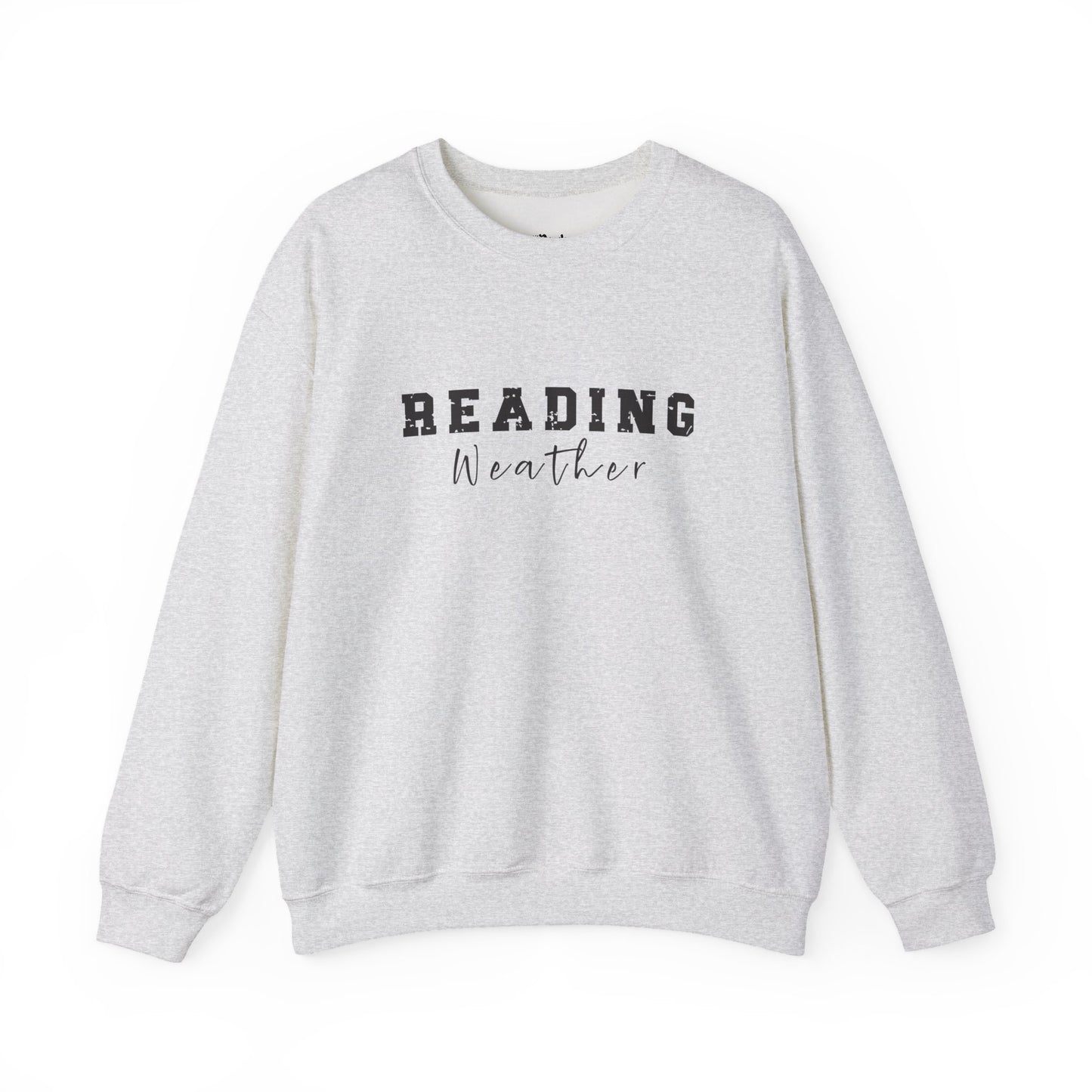Reading Weather light grey/ash bookish sweatshirt – cozy Gildan 18000 crewneck for readers who live between chapters and adore bookish vibes.