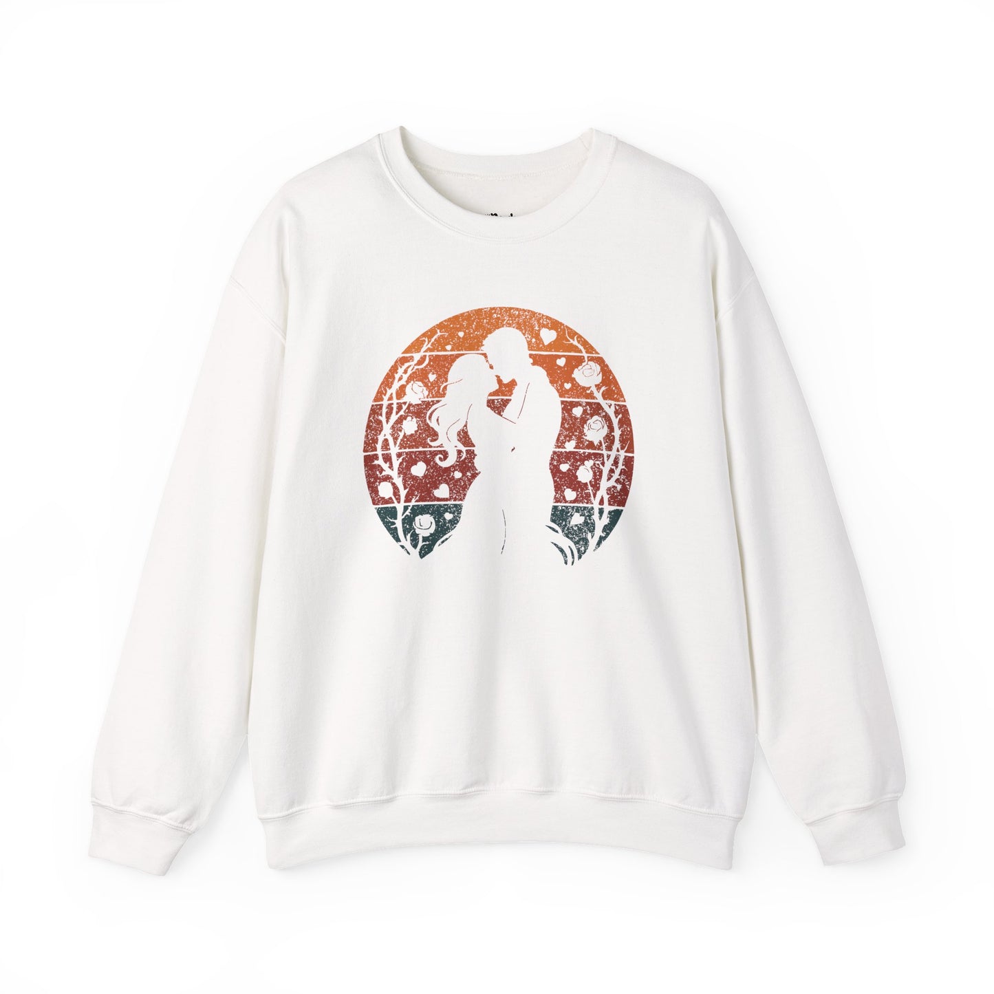 Sunset Romantasy Lovers white romantasy sweatshirt – magical Gildan 18000 crewneck inspired by fae realms, dragons, and fantasy lovers.