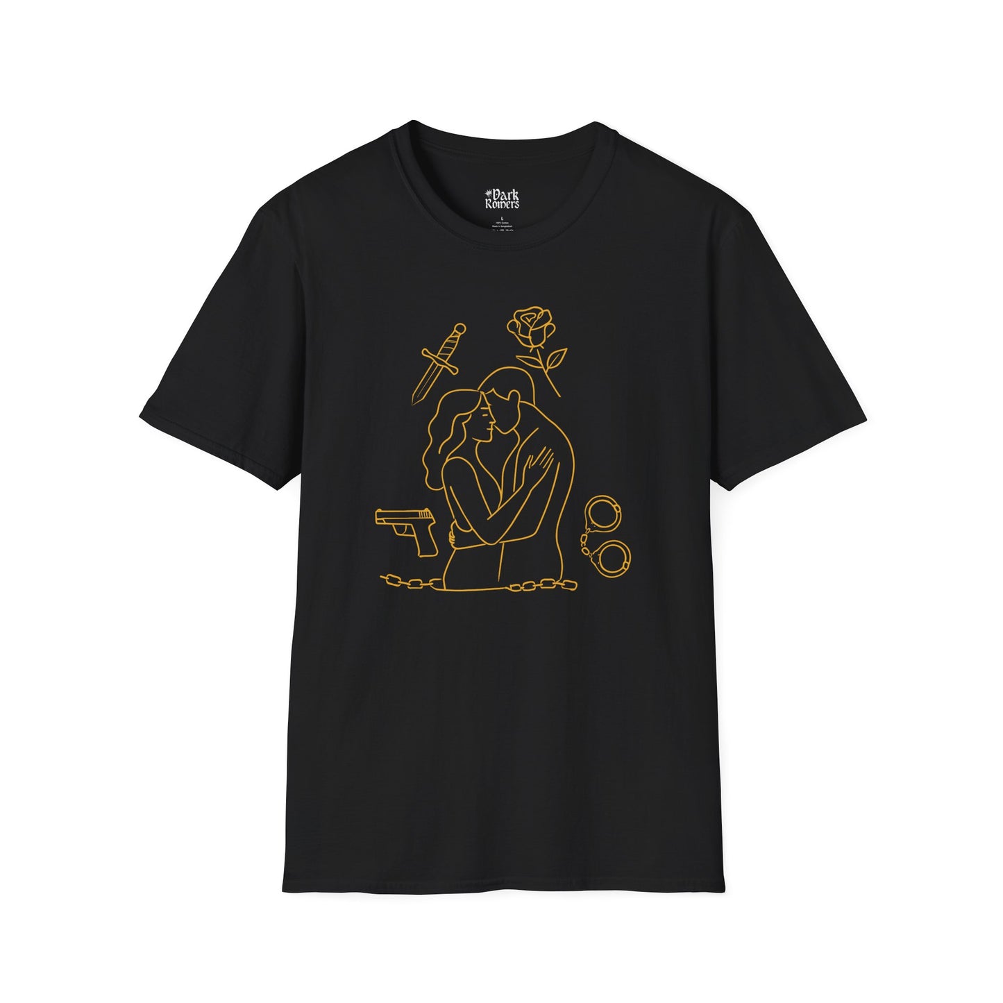 Romantic Couple with Rose, Gun, Sword, and Handcuffs T-Shirt