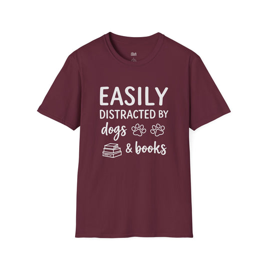Easily Distracted By Dogs & Books maroon bookish t-shirt – cozy Gildan 64000 tee made for readers who live between chapters and adore bookish vibes.