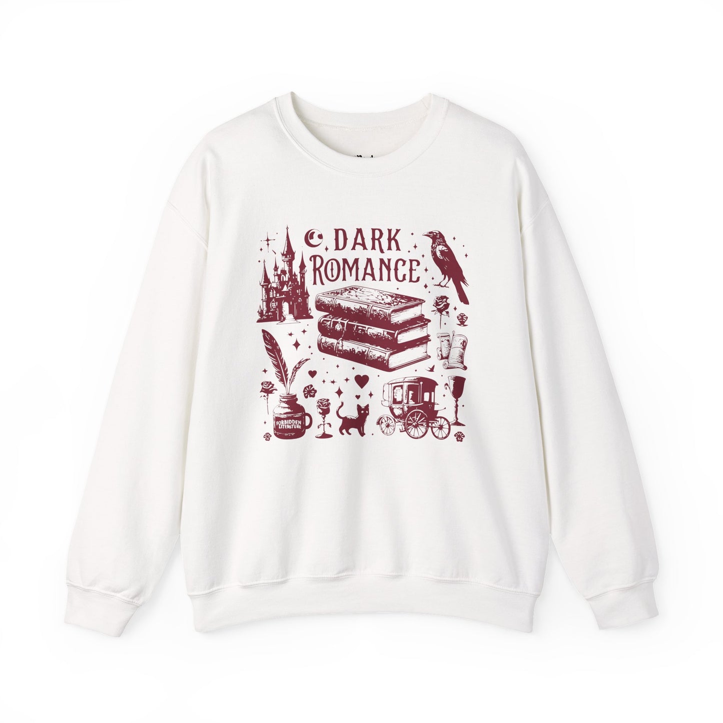 Dark Romance – With Illustrations white dark romance sweatshirt – cozy Gildan 18000 crewneck made for readers who fall for villains, crave danger, and love twisted love stories.