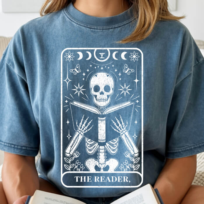 The Reader Tarrot Card jean blue dark romance t-shirt – vintage Comfort Colors 1717 garment-dyed tee made for readers who fall for villains and crave twisted love stories.