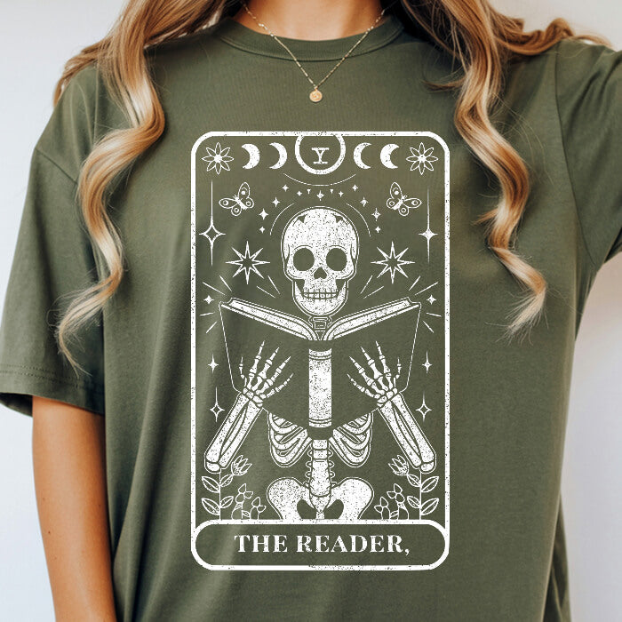 The Reader Tarrot Card moss dark romance t-shirt – vintage Comfort Colors 1717 garment-dyed tee made for readers who fall for villains and crave twisted love stories.